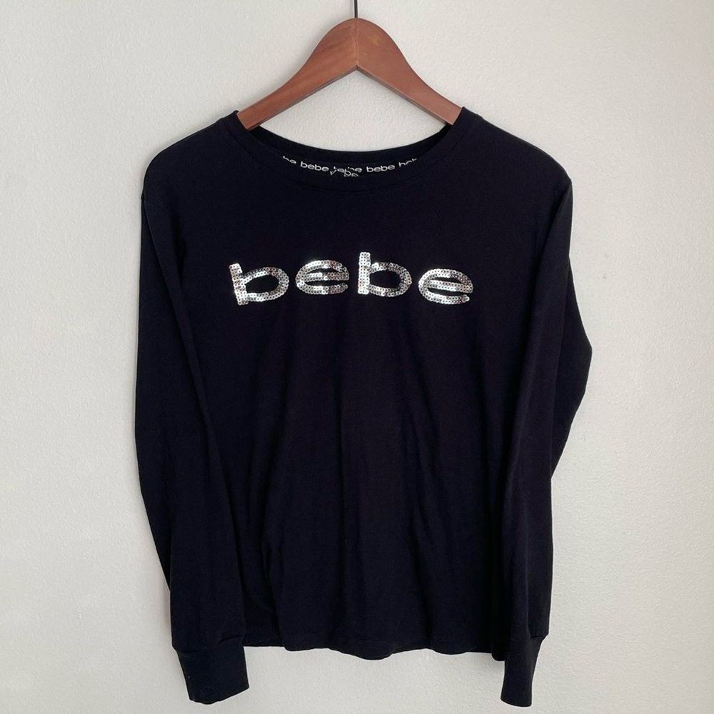 Bebe Black Long Sleeve Top Sz S Embellished Sequins Sporty Workout Y2K